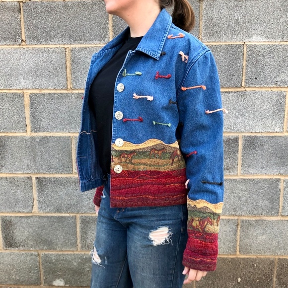 Vintage Prairie Themed Jean Jacket ft Horses‎ - Picture 4 of 7